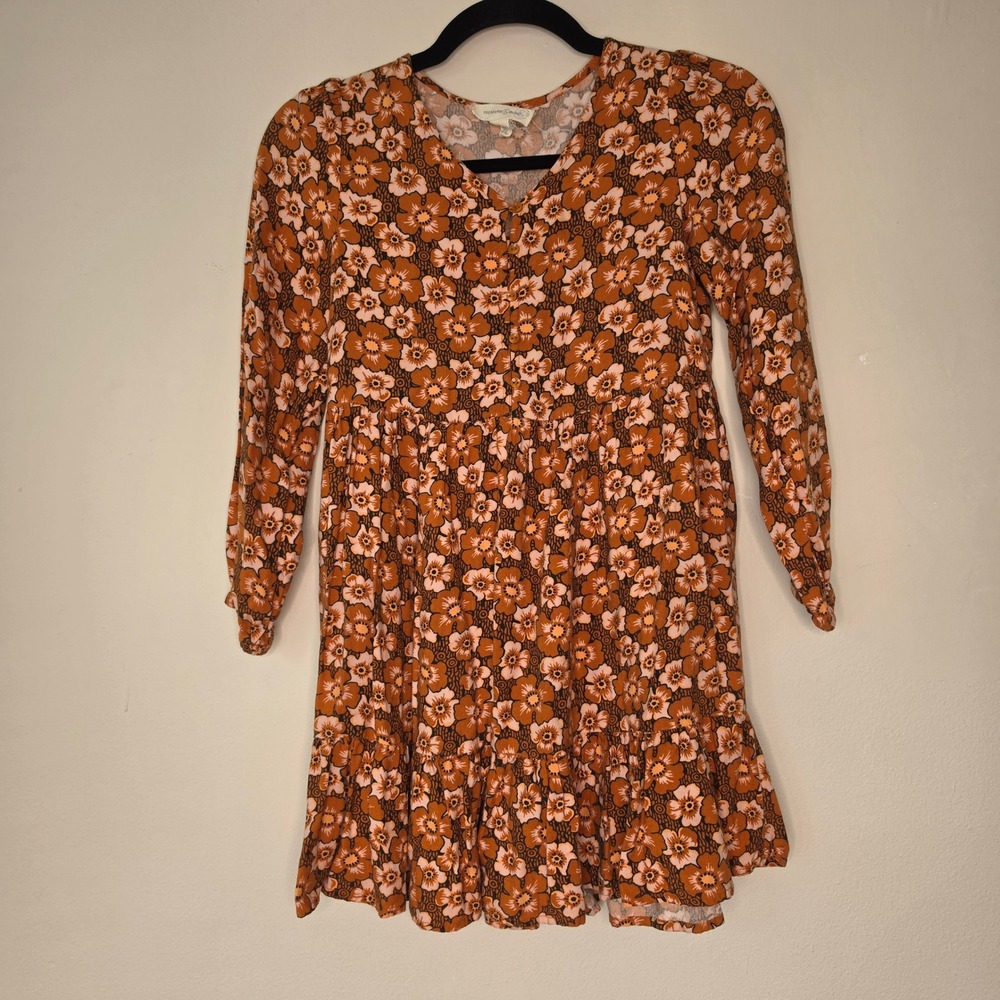 Treasure & Bond Dress Girls S 7/8 Brown Floral Babydoll Tiered Long Sleeve Rayon